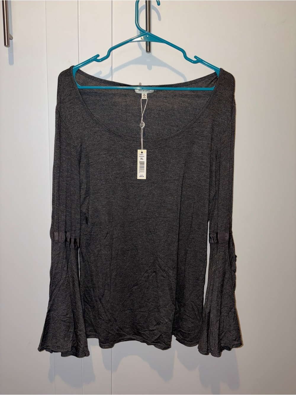 Max Studio Charcoal Scoop Neck Bell Sleeve Bow Top